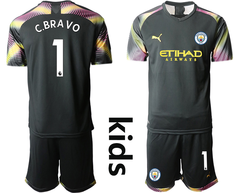 Youth 2020-2021 club  Manchester Cityl black goalkeeper #1 Soccer Jerseys